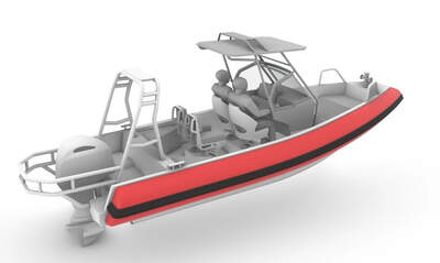 UMS RIB 700 – perspektivvy från akter om styrbord, med targabåge och aluminiumskrov.