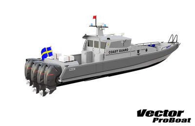 Vector 150 PRO med fyrdubbla utombordare, vy från babord akterut.