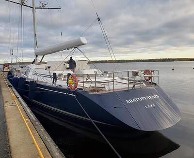Swan 112-004 Eratosthenes vid Nautor Swans varv inför refit 2019.