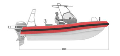 UMS RIB 700 – profilritning som visar skrovform och måttet 6500 mm i ritningsunderlaget.