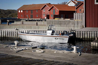 Ockelbo B16AL i gång i skärgårdsmiljö, sedd från sidan.