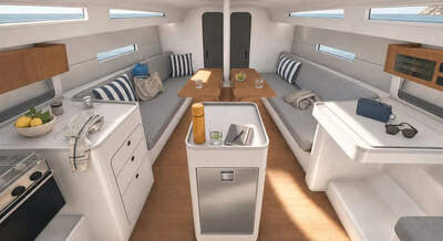 Salongen i Beneteau First 36 Spirit med pentry, sittplatser och centralt bord.