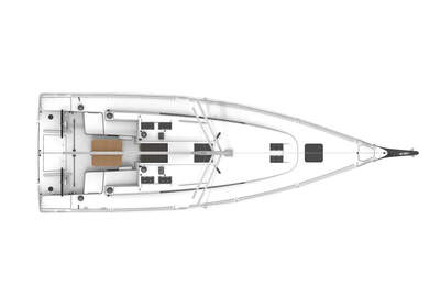 Däckplan för Beneteau First 36 Spirit med cockpit, rattar och däckutrustning.