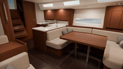 Arcona 465 Mk II, salong och pentry i mahognyutförande.