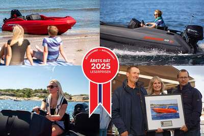 Kollage med Pioner GO i röd och grå färg samt bilder från utmärkelsen Årets Båt 2025.