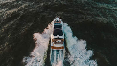 Galeon 470 SKY med skydeck och övre styrplats synliga.