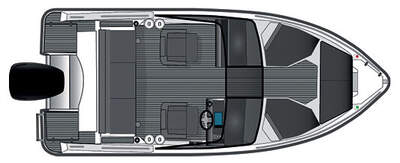 Planritning av Bella 500 BR med sittbrunn, styrplatser och förens bowrider-utformning.
