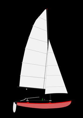 Illustration av Hobie Cat 14 Turbo med fock, katamaranskrov och Hobie 14-rigg. Foto: enri_maui